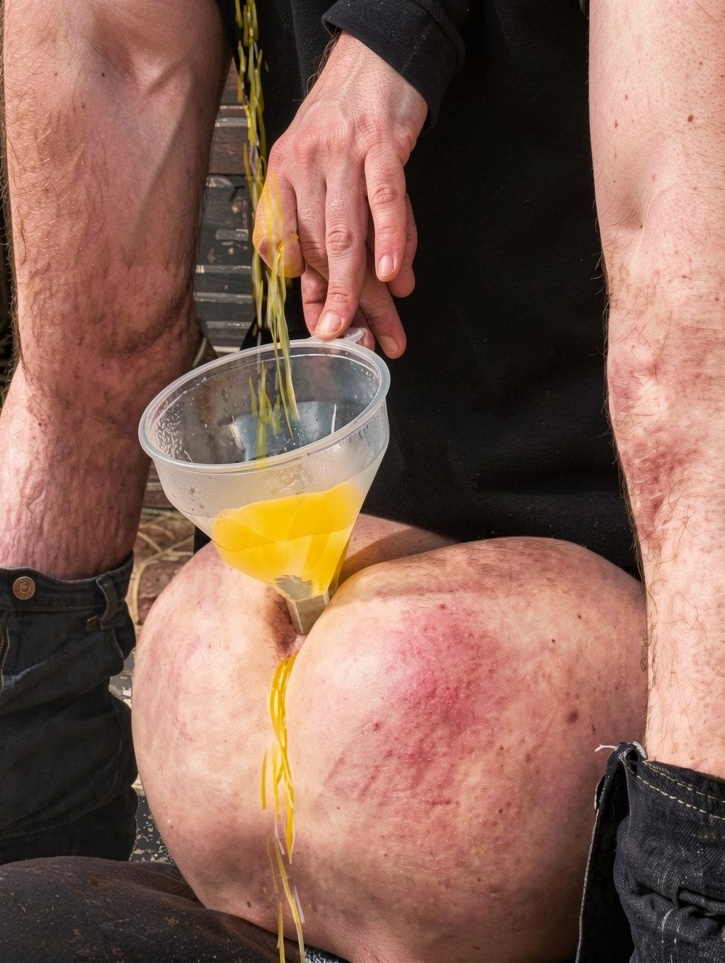 An explicit close-up shows a person crouched or bent over, with bare buttocks spread between the legs of other people dressed in dark pants, while a transparent plastic funnel is placed between the buttocks. From above, a hand pours a yellow liquid that falls into the funnel and overflows in a stream downward, staining the skin and creating a scene of humiliation or extreme sexual practice with fluids. The skin appears reddened, with marks, body hair and visible dirt, and the tight framing emphasizes the legs, the hands, the funnel, the yellow liquid and direct contact with the body.