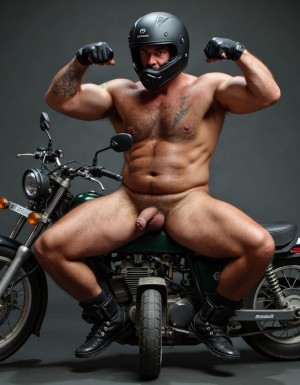 Un hombre de 50 años de edad deportista, cuerpo completo, piel bronceada, cuerpo musculoso, bíceps grandes y marcados, cuerpo sudoroso, mucho vello corporal, motociclista, con casco de motocicleta negro abierto por la cara, rostro varonil, guantes de motociclista negros, sin camisa mostrando un gran pecho con vello y mostrando abdominales marcados y velludos, tatuajes corporales, está desnudo pero con botas de motociclista negras y mostrando el pene, tene un pene m grande y de piel clara, mostrando el pene, pene expuesto, pene erecto, fondo de motocicleta, flexionando poses sexys. Piernas arriba se ve el ojete peludo abierto.