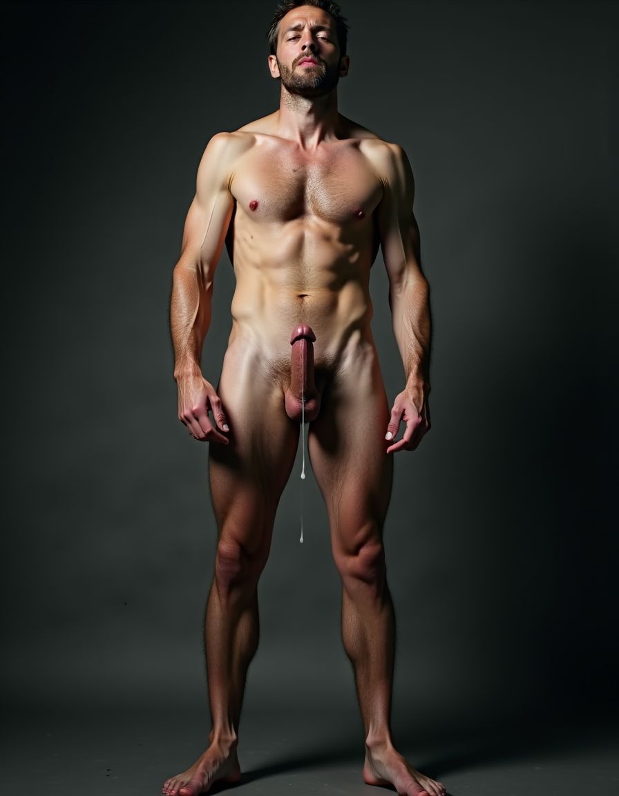 Thomas Jane (su nombre real es Thomas Elliott III; es un hombre muy masculino que tiene cincuenta y siete años de edad) es actor, conocido porque actualmente protagoniza la serie de comedia dramática de HBO HUNG (superdotado en España).
Está totalmente desnudo. Tiene un  pene erecto enorme de 35 centímetros de largo y muy grueso apuntando hacia arriba entre su cuerpo, venas gruesas pulsantes marcadas recorriendo todo el tronco de su pene, glande hinchado enorme brillante de color rojo púrpura, testículos extremadamente grandes gordos y pesados colgando muy abajo descolgados entre las piernas con piel arrugada tensa bajo el peso, el pene eyaculando activamente múltiples chorros gruesos abundantes de semen blanco espeso disparándose de la punta con fuerza, semen resbalando copiosamente por el glande y tronco formando hilos blancos espesos, gotas gruesas de semen cayendo entre su cuerpo. Tiene anillo de plata en el dedo hallux (primer dedo del pie) de sus pies. Crea imagen del personaje descrito de cuerpo entero desde los dedos de sus pies hasta su cabeza, todo el cuerpo desnudo a la vista de la cámara. Tiene sandalias en sus pies. Fotografía hiperrealista de ultra alta definición 8K plano frontal. 