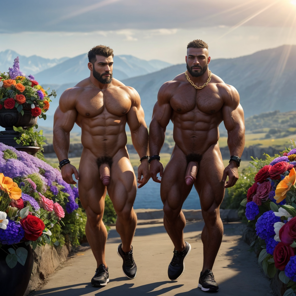 Dos hombres machos musculosos desnudos muy viriles con pene grande y testículos grandes y peludos. Caminando 10 ⛓️⛓️💐🌞🖤🖤