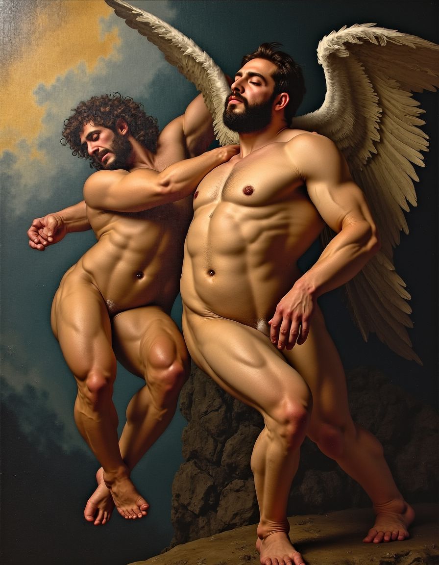 Pintura barroca. calidad fotográfica. Siglo XVII. Hombres desnudos muy fornidos y musculosos volando con alas como si fueran ángeles y demonios, caen en el nefando vicio de la lujuria, aparecen desnudos con los genitales al aire, la composición tiene los colores y el aspecto de un óled barroco