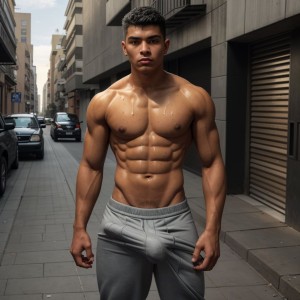 Fotorealista. Joven colombiano de 20 años, cuerpo atlético, piel canela, vestido solo con chándal abierto mostrando el torso y zapatillas deportivas talla 45, en una calle urbana, actitud dominante, mirada desafiante, polla marcada bajo el chándal, ambiente callejero, luz natural, expresión de superioridad y desprecio.