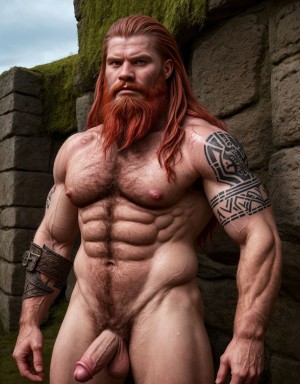 Guerrero nórdico de 30 años desnudo, de facciones hermosas, musculoso, cuerpo muy velludo, mostrando orgulloso su pene, tatuajes vikingos, barba larga, cabello rojizo, fondo de batalla medieval, armadura rota, mirada desafiante, piel sudorosa, anatomía detallada.