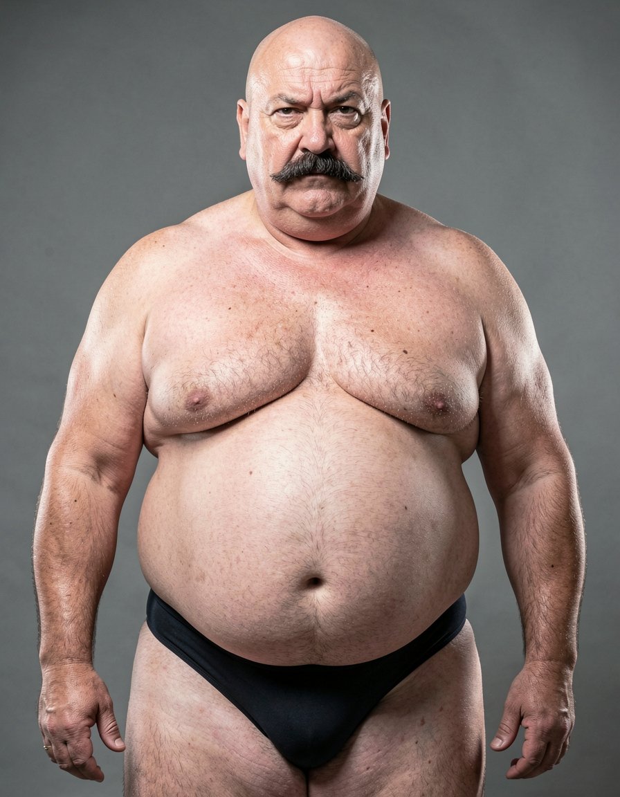 Un anciano calvo con bigote grueso y expresión severa, tiene un cuerpo obeso con una prominente barriga, viste solo un par de suspensorios ajustados que resaltan sus generosas formas, especialmente sus pechos enormes que cuelgan sobre su abdomen, mostrando una figura masculina con un toque de ironía y sensualidad, con un enfoque en la textura de su piel y el brillo de su calva, en un estilo hiperrealista con detalles de alta calidad.