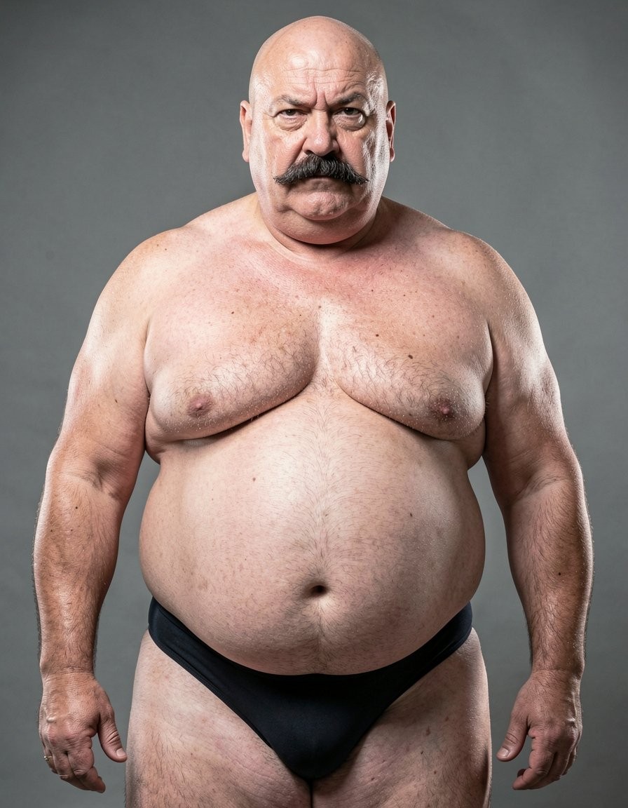 Older, corpulent man standing in front of a neutral gray background, with a bald head, serious frown, and a very pronounced thick mustache. He appears shirtless, showing his bare torso, hairy chest, prominent abdomen, and fair skin with small natural marks. He wears only black brief-style underwear covering the intimate area, while keeping his arms relaxed at both sides of his body and a frontal, rigid, direct posture. The studio lighting highlights the volumes of the body, the broad shoulders, the sturdy legs, and the severe expression on his face, creating a sober and realistic body portrait.