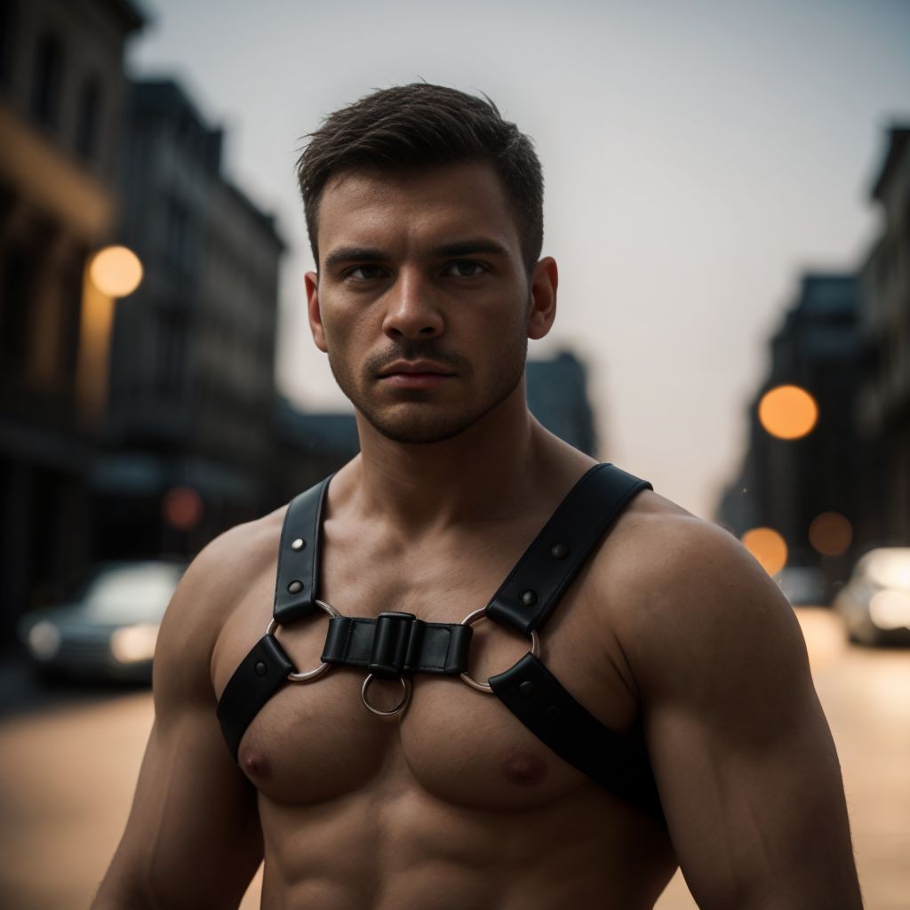 Hombre de 25 años desnudo con arnés. Estilo cubista, comic y pop art