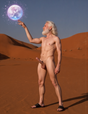 Enrique es un hombre muy delgado de 50 años, tiene cabello largo con canas blancas, tiene barba blanca abundante y larga. Está totalmente desnudo, en su mano derecha lleva una bola de 10 cm de diámetro de cristal, es mágica y está iluminada reflejando un pene erecto con dos testículos peludos, eleva la bola hacia el cielo ofreciéndola a la Luna. Enrique tiene un cuerpo muy delgado con músculos marcados y definidos. 💪🏼. Tiene un pene erecto de 36,8 cm de longitud y 7,9 cm de diámetro. Tiene mucho vello corporal blanco en su pecho, tiene mucho vello en sus brazos y tiene mucho vello en sus piernas. Está en la arena del desierto entre grandes dunas de arena color terracota. Tiene la piel morena bronceada por el Sol. Tiene sandalias en sus pies. Está mirando a la Luna mientras levanta la palma de la mano derecha señalando la Luna 🌓 . Tiene la boca entreabierta. Tiene la mano derecha sobre su pene y está masturbándose 
