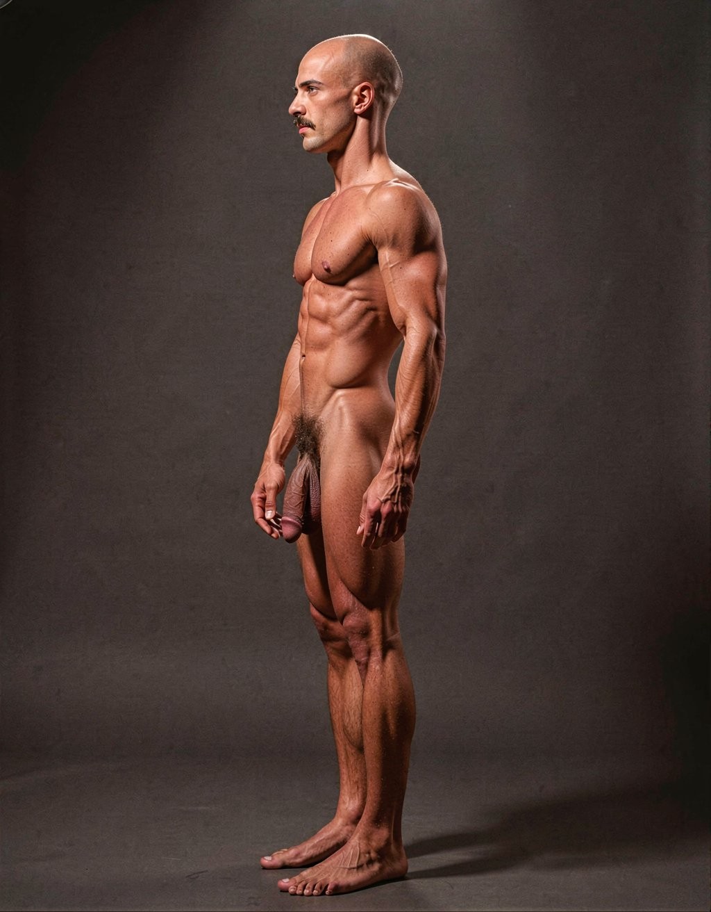 Mike Morris, a 32-year-old extremely lean Caucasian male with only 8% body fat, stands completely naked in a strict military attention pose captured in a full-body exact side profile at 90 degrees from his left side. The shot runs from the tips of his size 44 slightly hairy feet all the way up to the top of his bald head, showing his entire body without any cropping. His physique is dry, highly vascular and powerfully defined: massive square pectorals seen in perfect side silhouette, dense dark brown chest hair forming a thick T-pattern, sharply carved six-pack abs in clear profile, narrow waist, wide lats, powerful thighs and diamond-shaped calves. Dramatic directional studio lighting comes from high and slightly in front of him, creating strong rim lighting that traces the sharp outline of his entire body, the texture of his dense dark body hair on chest, lower back, ass and legs, and deep shadows that accentuate every muscle separation, vein and the extreme dryness of his 8% body fat physique. His advanced Norwood III-IV bald scalp shines under the light, with short dense dark brown hair on the sides and back of his head. His square angular face is shown in pure profile: strong jawline, prominent chin with slight central dimple, thick dark handlebar mustache, heavy brow and intense deep-set brown eye looking straight forward with a serious, commanding expression. His penis is fully visible in perfect side view, completely natural and realistic: thick, 24 cm long when fully erect, with a natural slight upward curve, prominent dorsal veins, long foreskin partially covering the pink-red glans, and realistic lighter skin tone. Below it hang his large, low-hanging testicles with wrinkled darker skin and dense dark brown hair. The extremely thick, curly dark brown pubic bush climbs almost to his navel and surrounds the base of his cock and balls generously. Every anatomical detail from his veined hands and forearms to his muscular ass, hamstrings, diamond calves and hairy toes is perfectly proportioned and free of any deformation. Photorealistic, high-contrast, masculine 1970s Colt Studio aesthetic with subtle grainy film texture.