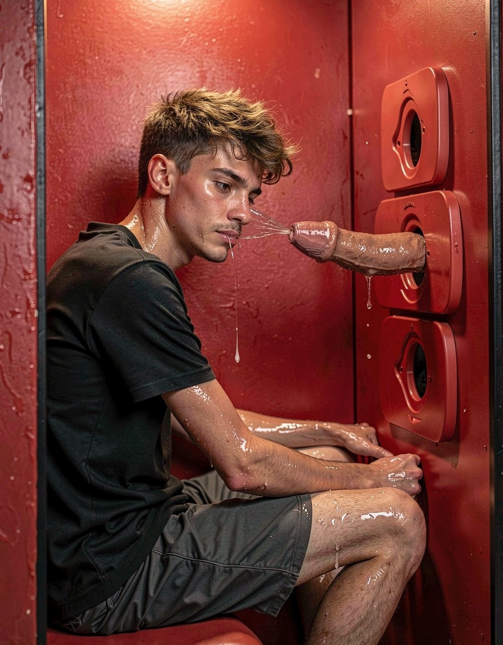 A young man sitting in a narrow booth with red walls, wearing a black T-shirt and gray shorts, appears soaked in shiny liquid running down his face, arms, legs, and clothes. He is leaning toward a red panel with several framed circular holes, from one of which an erect penis protrudes and enters directly into his mouth, creating an explicit sexual glory hole scene. His expression is serious and somewhat vacant, with messy hair and wet skin under intense lighting that highlights the metallic, worn texture of the space, giving the scene a closed-in, raw, and voyeuristic atmosphere.