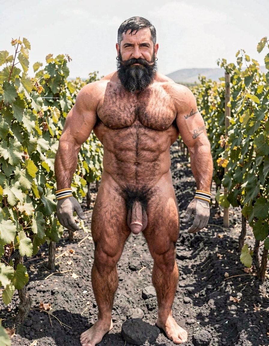 A powerful, perfectly framed full-body frontal photograph of Dimitris standing completely still and facing the camera directly, captured from the very top of his head all the way down to the tips of his ten toes with zero cropping whatsoever. The shot is taken from a slight low angle so his entire imposing 32-year-old body is visible in perfect proportion from crown to the ground. He is totally naked except for his thick grey work gloves with yellow and white stripes. His high-and-tight fade shows short dense jet-black slightly wavy hair on top, his long thick black beard is perfectly groomed and connects fully with his mustache giving him that savage but controlled look, heavy-lidded predatory eyes staring straight into the lens, strong straight nose, marked cheekbones and square jaw under all the hair, small silver hoop in his left ear. Neck thick and veiny, massive rounded shoulders with huge deltoids and traps rising high, enormous meaty pecs with deep hairy cleavage and small dark erect nipples, the entire torso covered in a dense continuous mat of black curly hair that runs unbroken from chest to pubis. Sharp eight-pack abs visible beneath the thick hair, deep dark linea alba, highly developed obliques forming a sharp V pointing to his groin, and the small “hipsterbarba” tattoo perfectly fitted on his right biceps. Thick veiny arms, big biceps, defined triceps, hairy forearms, strong wide hands in work gloves. Narrow waist creating a dramatic V-taper, powerful hips, round hard hairy glutes with the dark ring of his anus just visible between them. His thick long heavy cock hangs down prominently with visible veins and a slight downward curve, foreskin partially covering the fat pink glans; large low-hanging balls in an extremely hairy wrinkled scrotum almost black from the dense curls. Massive tear-drop quadriceps, thick adductors, developed hamstrings and hard defined calves all covered in dense black hair that thins at the knees and thickens again lower down. His large, strong, veiny bare feet are planted firmly on the dark volcanic soil of the Santorini vineyard, every single toe and toenail clearly visible and detailed. Bright natural Santorini sunlight bathes his sweaty bronzed skin, creating strong realistic highlights and deep shadows that emphasize every muscle fiber, every vein and every individual hair. Lush green Assyrtiko vines and black volcanic earth surround him. Ultra photorealistic, extremely detailed, raw masculine power, natural cinematic lighting, full uncropped body from the top of the head to the very tips of the toes.