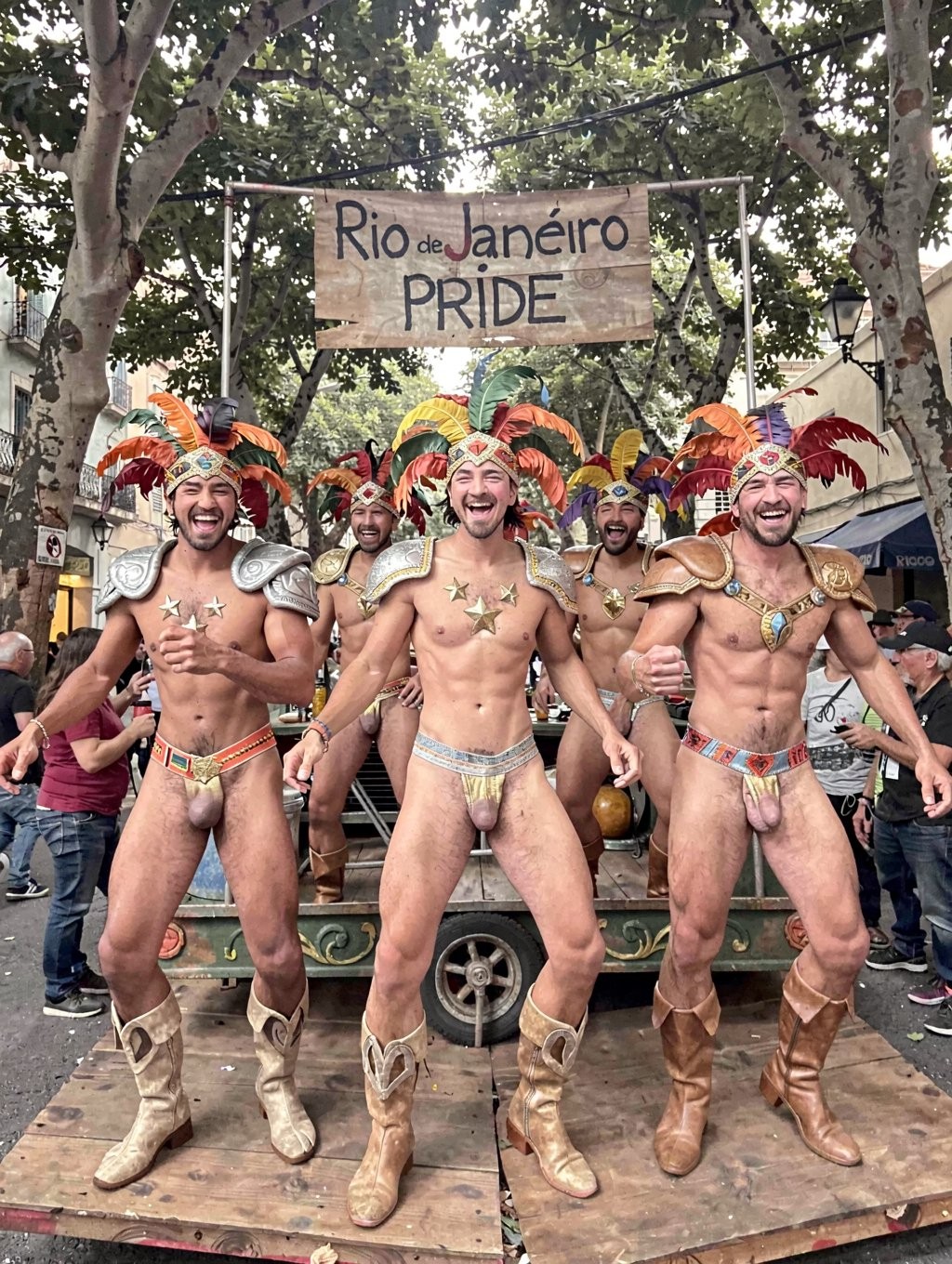 Three smiling men pose in the foreground on a parade platform, dressed in minimal carnival outfits: bare torsos, shiny thongs covering the penis, tall golden boots, and multicolored feather headdresses in orange, green, red, and yellow tones. They wear ornamental shoulder pads, necklaces, and metallic details that reinforce the festive and exuberant style. In the background there is a wooden sign with the text “Rio de Janeiro PRIDE,” surrounded by trees, cables, streetlights, and a crowd on an urban street, creating an atmosphere of pride, LGBTQ+ celebration, and street party.