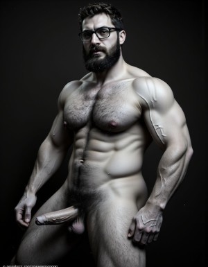 Fotografía hiperrealista en blanco y negro de un hombre adulto musculoso a la vista desde las rodillas para arriba hasta la cabeza, cuerpo muy delgado con musculación marcada y definida, rostro masculino, totalmente desnudo con polla erecta de treinta centímetros de longitud y ocho centímetros de diámetro, tiene rasgos marcados duros expresivos, barba densa poblada tupida oscura estilo hipster cubriendo completamente mandíbula mentón mejillas con grosor uniforme textura abundante muy definida, bigote denso tupido oscuro conectado perfectamente con la barba completa cubriendo completamente el labio superior, pelo oscuro medio peinado completamente recto hacia arriba con volumen considerable estilo hipster moderno quiff puntas verticales texturizadas hacia el cielo con altura prominente, cejas gruesas oscuras pobladas muy marcadas definidas, gafas de montura completa negra cuadradas grandes estilo hipster moderno sobre el puente de la nariz enmarcando unos ojos oscuros intensos que miran directamente a cámara con expresión seria penetrante confiada, expresión facial seria masculina sin sonrisa con mirada directa desafiante, pómulos marcados definidos angulares, nariz recta proporcionada, labios medios apenas visibles completamente cubiertos por bigote denso que conecta con la barba hipster completa, torso desnudo muy musculoso con pectorales enormes desarrollados y definidos, hombros anchos musculosos deltoide prominentes, brazos musculosos gruesos con bíceps y tríceps marcados visibles a ambos lados del cuerpo, abdomen tonificado marcado visible desde la cintura, piel con textura realista detallada poros imperfecciones sutiles, vello corporal denso oscuro abundante cubriendo pectorales abdomen brazos hombros con textura natural masculina muy visible, tatuaje en tinta negra en el bíceps del brazo derecho con la palabra exacta 