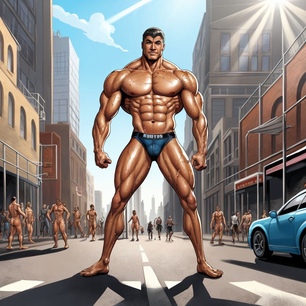 Hombre desnudo, musculoso, expuesto en una jaula de metal en medio de la calle, con gente pasando por alrededor, mirando, ropa interior tirada en el suelo, luz del sol brillando, piel sudorosa, anatomía detallada, expresión desafiante, ambiente urbano concurrido.
