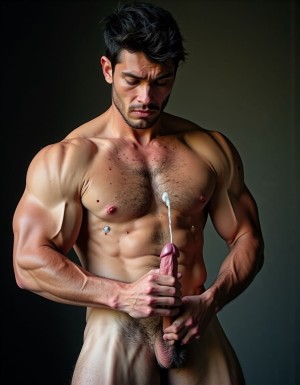 hoyuelo en barbilla, mentón hendido, el mentón está limpio y bien afeitado, NO BARBA y NO BIGOTE, de una cara masculina de un hombre muy viril y musculoso y guapo y sexi de 40 años que tiene mandíbula fuerte y cuadrada, destacando una fisura vertical marcada en el centro del mentón que es el hoyuelo. La cara es de un hombre español musculoso culturista, torso desnudo, constitución corporal extremadamente desarrollada escultural, boca cerrada en sonrisa torcida arrogante burlona, labios carnosos, ojos verdes claro profundos con mirada penetrante directa a cámara cargada de cinismo y dominancia, cejas pobladas densas, cabello denso despeinado hacia atrás en copete desordenado con mechones rebeldes cayendo sobre frente y sienes mostrando textura natural sin producto, cuello musculoso con nuez prominente visible, trapecios enormes elevados como montañas a ambos lados del cuello, pecho descomunal con pectorales gigantescos separados con hendidura profunda central cada fibra muscular visible bajo piel bronceada cubiertos completamente por alfombra densa de vello negro formando manto tupido salvaje sobre toda la superficie con pezones oscuros erectos asomando entre pelaje espeso, abdomen perfectamente esculpido en tableta de ocho secciones profundas con sombras dramáticas entre cada músculo, oblicuos cortados laterales, línea de vello negro denso descendiendo desde centro del pecho entre pectorales por esternón sobre cada abdominal hasta ombligo donde se ensancha formando trail oscuro salvaje continuando descendiendo, brazos con bíceps de gran tamaño con cabezas musculares divididas y venas gruesas azules serpenteando por toda superficie, tríceps marcados en herradura, deltoides esféricos estriados, antebrazos masivos cubiertos de vello negro denso con venas prominentes bajando hasta muñecas, dorsales anchos como alas creando V invertida brutal, piel clara ligeramente bronceada con poros visibles micro imperfecciones naturales lunares y marcas sutiles, vello corporal negro abundante cubriendo completamente pecho abdomen brazos antebrazos cuello en densidad natural masculina sin recortar, iluminación natural lateral dramática creando sombras duras acentuando cada músculo, fondo neutro desenfocado, estilo fotografía editorial cruda realista, grano fotográfico sutil, colores naturales intensos saturados. Está totalmente desnudo. Tiene un  pene erecto enorme de 35 centímetros de largo y muy grueso apuntando hacia arriba entre su cuerpo, venas gruesas pulsantes marcadas recorriendo todo el tronco de su pene, glande hinchado enorme brillante de color rojo púrpura, testículos extremadamente grandes gordos y pesados colgando muy abajo descolgados entre las piernas con piel arrugada tensa bajo el peso, el pene eyaculando activamente múltiples chorros gruesos abundantes de semen blanco espeso disparándose de la punta con fuerza, semen resbalando copiosamente por el glande y tronco formando hilos blancos espesos, gotas gruesas de semen cayendo entre su cuerpo. Tiene anillo de plata en el dedo hallux (primer dedo del pie) de sus pies. Crea imagen del personaje descrito de cuerpo entero desde los dedos de sus pies hasta su cabeza, todo el cuerpo desnudo a la vista de la cámara. Tiene sandalias en sus pies. Fotografía hiperrealista de ultra alta definición 8K plano lateral del cuerpo completo.