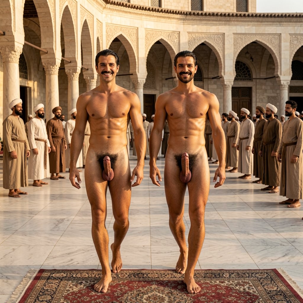 Dos hombres desnudos caminan de frente por un patio de arquitectura islámica, sonrientes y con postura relajada, mostrando el torso musculado, el vello púbico y el pene de forma explícita. Ambos tienen barba corta, bigote, piel bronceada y complexión atlética, avanzando descalzos sobre una alfombra ornamental colocada sobre suelo de mármol. A ambos lados aparecen varios hombres vestidos con túnicas largas y turbantes, alineados como observadores en un entorno solemne con arcos de herradura, columnas decoradas y paredes claras iluminadas por luz cálida, creando una escena simétrica, ceremonial y de fuerte contraste entre desnudez frontal masculina y vestimenta tradicional.