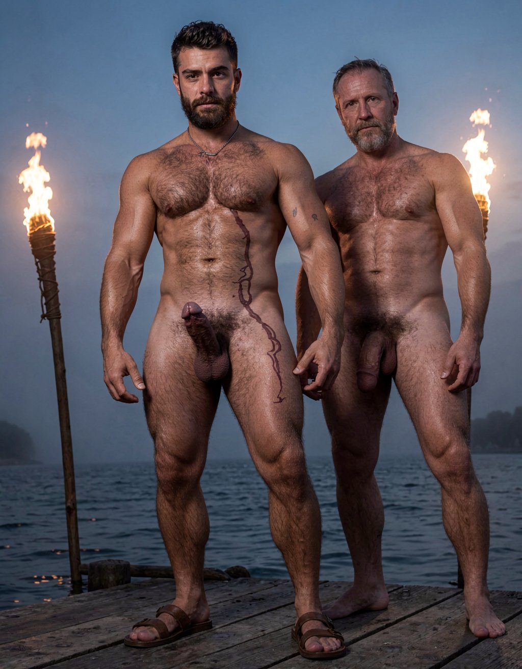 Amleth (Alexander Skarsgård) como berserker vikingo de 35 años, cuerpo entero desde los pies a la cabeza, 194 cm de altura. Cuerpo con 7% de grasa corporal, musculatura ultra definida de culturista guerrero. Desnudo frontal completo.

Tiene un pene erecto de 24 cm de largo y tiene testículos muy asimétricos (uno más bajo que el otro) de 17 cm de perímetro, circuncidado, curvándose ligeramente hacia arriba en un ángulo de unos 30 grados respecto al cuerpo. Tiene glande grueso y bulboso de color rosado oscuro violáceo, altamente definido con la corona del glande marcada y pronunciada formando un borde elevado, uretra visible y ligeramente abierta en la punta con un pequeño punto de humedad. El tronco del pene es largo, recto y grueso, con una curva ascendente suave y constante, cubierto de venas gruesas, tortuosas y muy marcadas que recorren el lateral derecho, el lateral izquierdo y la parte inferior, destacando una vena principal que nace en la base y serpentea por todo el lateral hasta alcanzar el glande. La piel del tronco está tirante y brillante por la erección máxima, de un tono pálido grisáceo con matices rosados, mostrando la textura de la piel estirada. Frenillo tirante, visible y marcado en la parte inferior del glande, con pequeñas venas secundarias irradiando desde él. Vello púbico extremadamente denso, oscuro, espeso y rizado, en forma de V invertida pronunciada que sube desde la base del pene hasta el ombligo, con algunos pelos más largos enredados. Testículos grandes, cargados, colgando con el izquierdo notablemente más bajo que el derecho, piel del escroto muy arrugada, texturizada, con pliegues profundos, de un tono más claro y ligeramente rosado, cubierta de vello fino oscuro, con venas visibles recorriendo la superficie del escroto. Sudor brillante en toda la zona genital, pequeñas gotas deslizándose por el tronco del pene, rastros de barro seco y sangre oscura en el vello púbico y en la base del pene.

Sandalias de cuero rudimentarias en los pies atadas con tiras, piernas separadas a la altura de los hombros en posición de poder. Fondo de fiordo nórdico al anochecer con niebla baja espesa, antorchas de fuego real iluminando desde abajo y desde un lateral creando sombras dramáticas alargadas, contraluz de un cielo crepuscular azul profundo y naranja, iluminación de tres puntos cinematográfica, estilo visual de Robert Eggers con grano de película de 35mm, hiperrealismo extremo, textura de piel fotográfica con poros visibles, alta definición 8K, contraste alto, fotografía de cine de autor con lente gran angular ligero, composición simétrica, sombras profundas en los pliegues musculares, reflejos de luz en el sudor y en la humedad del glande. Entra a su palacio de Atenas, junto a él está Claes Bang que es un hombre rudo, barbudo, de complexión fuerte pero más envejecida que Amleth; tiene autoridad  y ha llegado al poder por la fuerza y es un hombre pragmático, violento