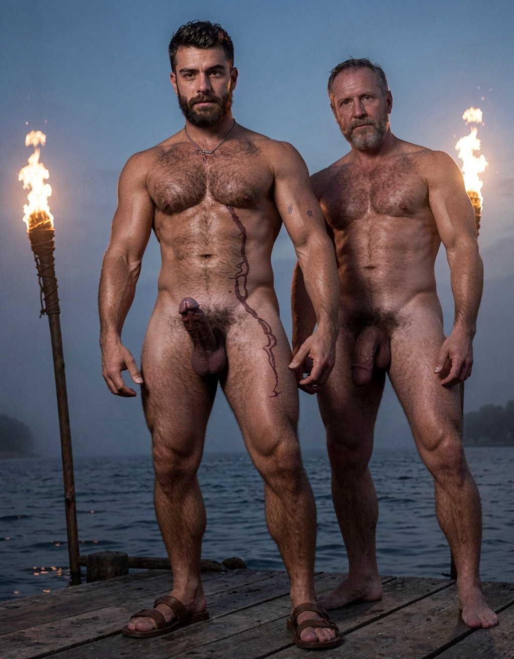 Amleth (Alexander Skarsgård) como berserker vikingo de 35 años, cuerpo entero desde los pies a la cabeza, 194 cm de altura. Cuerpo con 7% de grasa corporal, musculatura ultra definida de culturista guerrero. Desnudo frontal completo.

Tiene un pene erecto de 24 cm de largo y tiene testículos muy asimétricos (uno más bajo que el otro) de 17 cm de perímetro, circuncidado, curvándose ligeramente hacia arriba en un ángulo de unos 30 grados respecto al cuerpo. Tiene glande grueso y bulboso de color rosado oscuro violáceo, altamente definido con la corona del glande marcada y pronunciada formando un borde elevado, uretra visible y ligeramente abierta en la punta con un pequeño punto de humedad. El tronco del pene es largo, recto y grueso, con una curva ascendente suave y constante, cubierto de venas gruesas, tortuosas y muy marcadas que recorren el lateral derecho, el lateral izquierdo y la parte inferior, destacando una vena principal que nace en la base y serpentea por todo el lateral hasta alcanzar el glande. La piel del tronco está tirante y brillante por la erección máxima, de un tono pálido grisáceo con matices rosados, mostrando la textura de la piel estirada. Frenillo tirante, visible y marcado en la parte inferior del glande, con pequeñas venas secundarias irradiando desde él. Vello púbico extremadamente denso, oscuro, espeso y rizado, en forma de V invertida pronunciada que sube desde la base del pene hasta el ombligo, con algunos pelos más largos enredados. Testículos grandes, cargados, colgando con el izquierdo notablemente más bajo que el derecho, piel del escroto muy arrugada, texturizada, con pliegues profundos, de un tono más claro y ligeramente rosado, cubierta de vello fino oscuro, con venas visibles recorriendo la superficie del escroto. Sudor brillante en toda la zona genital, pequeñas gotas deslizándose por el tronco del pene, rastros de barro seco y sangre oscura en el vello púbico y en la base del pene.

Sandalias de cuero rudimentarias en los pies atadas con tiras, piernas separadas a la altura de los hombros en posición de poder. Fondo de fiordo nórdico al anochecer con niebla baja espesa, antorchas de fuego real iluminando desde abajo y desde un lateral creando sombras dramáticas alargadas, contraluz de un cielo crepuscular azul profundo y naranja, iluminación de tres puntos cinematográfica, estilo visual de Robert Eggers con grano de película de 35mm, hiperrealismo extremo, textura de piel fotográfica con poros visibles, alta definición 8K, contraste alto, fotografía de cine de autor con lente gran angular ligero, composición simétrica, sombras profundas en los pliegues musculares, reflejos de luz en el sudor y en la humedad del glande. Entra a su palacio de Atenas, junto a él está Claes Bang que es un hombre rudo, barbudo, de complexión fuerte pero más envejecida que Amleth; tiene autoridad  y ha llegado al poder por la fuerza y es un hombre pragmático, violento
