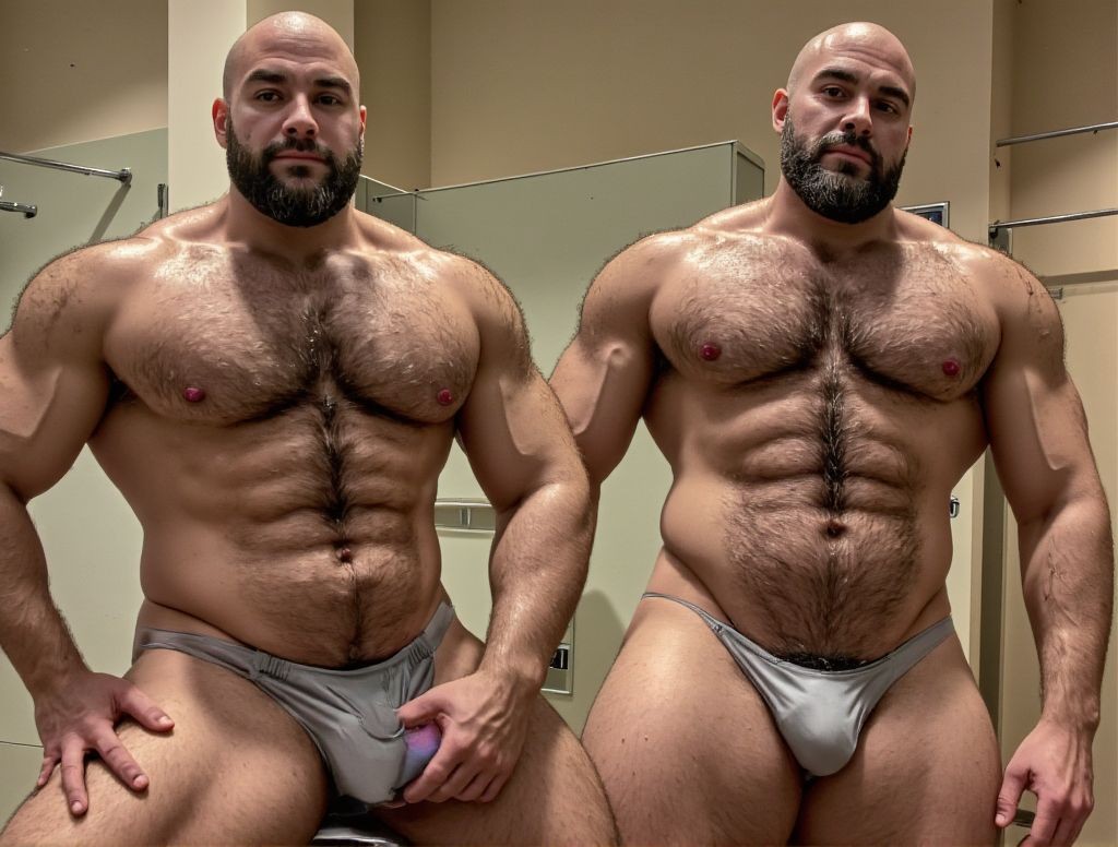Pareja de hombres musculosos de 50 años, son muy musculosos y velludos, cabeza rapada, llevan calzoncillo blanco un poco sucio marcando el paquete, se lo tocan con aire provocativo. Se encuentran en las duchas del gimnasio