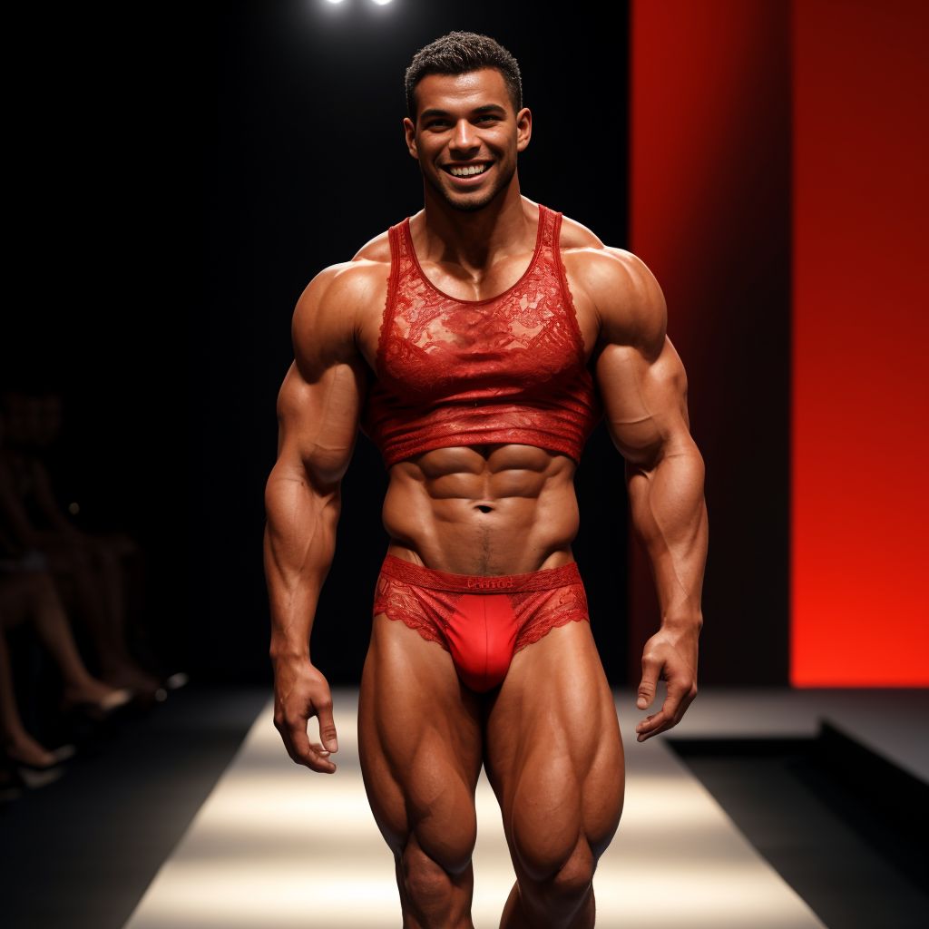 Hombre musculoso desfilando por una pasarela, vestido con bragas de encaje rojo y sujetador ajustado, mostrando torso desnudo, piel bronceada, sonriendo confiado, luces intensas, fondo de moda elegante.