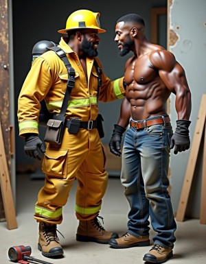 Un bombero musculoso de 30 años, con cabello corto y oscuro, y ojos azules, vestido con un traje de bombero negro y amarillo, con casco y botas de cuero, está de pie en una construcción en obra, con una expresión de deseo en su rostro. El bombero tiene una erección visible bajo su traje y está a punto de dar un rabo a un albañil moreno de 25 años, con cabello rizado y ojos castaños, que está de rodillas en el suelo, con la boca abierta y los ojos fijos en el pene del bombero. El albañil viste un overol de trabajo desabrochado, mostrando su torso musculoso y su pecho velludo, y tiene una herramienta de trabajo en el suelo junto a él. La escena es hiperrealista, con detalles de alta calidad, y se desarrolla en un ambiente de obra con materiales de construcción y herramientas alrededor. El bombero tiene la mano en la nuca del albañil, guiándolo hacia su pene, mientras el albañil está a punto de recibir el rabo, con una expresión de anticipación y deseo en su rostro.