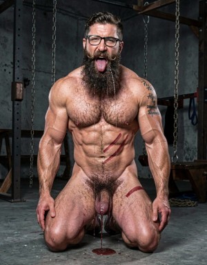 Hyperrealistic cinematic photograph, full body side view, perfect anatomy and proportions, zero distortions or deformations. Dark brutal dungeon gym with concrete floor, hanging chains, wooden stocks and BDSM equipment in the background. Dramatic side lighting, high contrast, deep shadows, realistic sweat and saliva.

Hipsterbarba, 40 years old, 180cm, 80kg, 8% body fat, stands dominant and completely naked. Powerful muscle bear physique covered in dense dark body hair on chest, shoulders, abs and thick thighs. Long thick Bandholz beard reaching almost to his chest, curled handlebar mustache, black glasses, cold and superior expression while looking down at his slave.

Anil, 25 years old, extreme bodybuilder slave, 175cm, 80kg, 6% body fat, kneels directly in front of him on all fours. Completely smooth tanned skin from the neck down, massive 127cm chest, eight-pack abs, 47cm veiny arms, tiny 60cm waist, round 90cm glutes and 70cm quads. Tattoo 