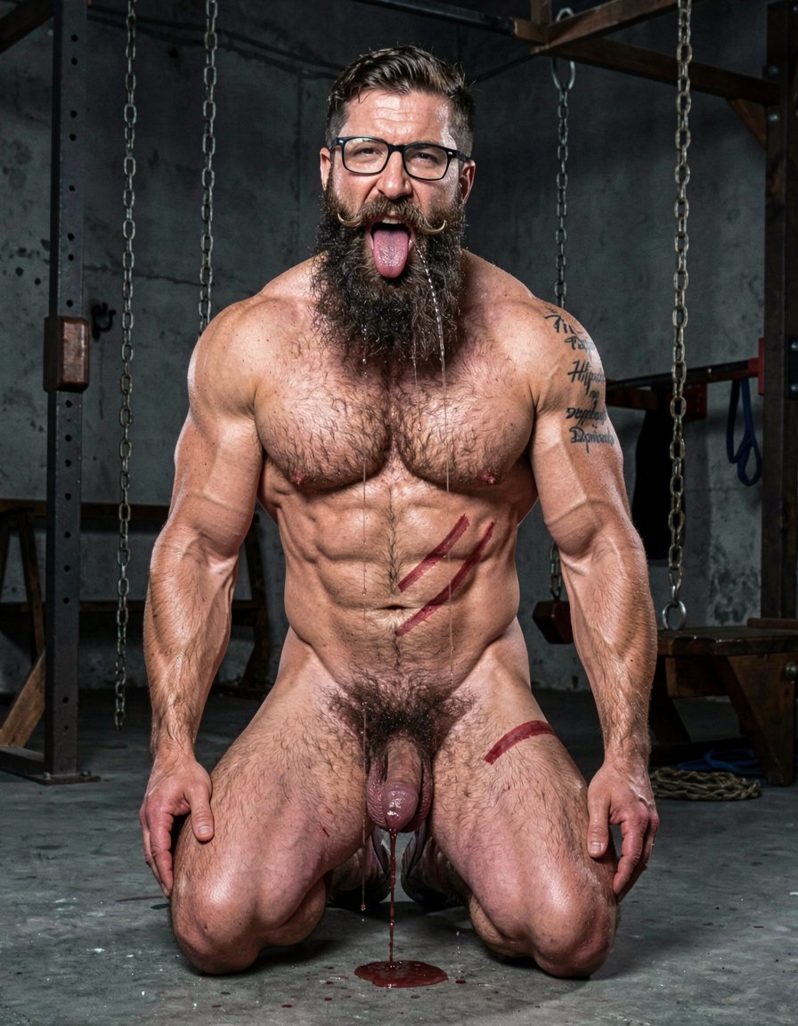 Hyperrealistic cinematic photograph, full body side view, perfect anatomy and proportions, zero distortions or deformations. Dark brutal dungeon gym with concrete floor, hanging chains, wooden stocks and BDSM equipment in the background. Dramatic side lighting, high contrast, deep shadows, realistic sweat and saliva.

Hipsterbarba, 40 years old, 180cm, 80kg, 8% body fat, stands dominant and completely naked. Powerful muscle bear physique covered in dense dark body hair on chest, shoulders, abs and thick thighs. Long thick Bandholz beard reaching almost to his chest, curled handlebar mustache, black glasses, cold and superior expression while looking down at his slave.

Anil, 25 years old, extreme bodybuilder slave, 175cm, 80kg, 6% body fat, kneels directly in front of him on all fours. Completely smooth tanned skin from the neck down, massive 127cm chest, eight-pack abs, 47cm veiny arms, tiny 60cm waist, round 90cm glutes and 70cm quads. Tattoo 