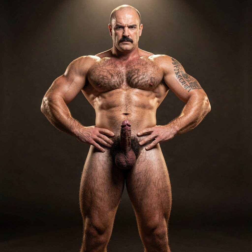 A naked, muscular, very robustly built man poses standing in a dark studio, with his hands resting on his hips and a serious, intimidating expression. He has a shaved head, a thick mustache, abundant hair on his chest and pubis, and a visible tattoo on his left arm. The overhead lighting highlights his broad shoulders, defined arms, marked abdominals, and strong legs, creating a dramatic bodybuilding effect. His penis and scrotum are completely visible in the center of the composition, against a dark, neutral brown background.