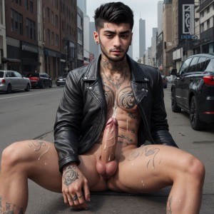 zayn, sentado en la carretera, masturbando su polla gigante, sexy face, tatoos,,desnudo con chaqueta de cuero, imagen de cuerpo entero, sudado