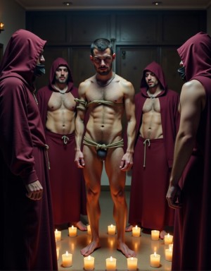 Un chico delgado y joven  atado con sogas y marcado con pintura está en un círculo de velas, alrededor hombres mayores desnudos, los monjes de la secta, hacen un ritual para introducirlo en la misma, lo poseerán por turnos, visten unas túnicas burdeos con capuchas cubren sus cuerpos. Todos ellos tienen muestran gesto de solemnidad, pero con deseo de poseer al novato.
