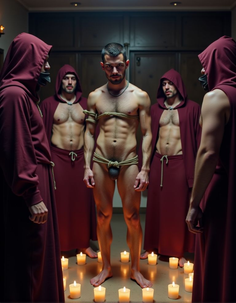 Un chico delgado y joven  atado con sogas y marcado con pintura está en un círculo de velas, alrededor hombres mayores desnudos, los monjes de la secta, hacen un ritual para introducirlo en la misma, lo poseerán por turnos, visten unas túnicas burdeos con capuchas cubren sus cuerpos. Todos ellos tienen muestran gesto de solemnidad, pero con deseo de poseer al novato.
