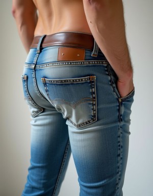 joven de 30 años, vistiendo unos vaqueros muy ajustados y descoloridos que resaltan fuertes muslos, culo respingón y una bragueta que deja marcada su pene debajo de la tela. Tiene las manos en los bolsos del pantalon, un grueso cinturon de cuero y una sonrisa en su boca