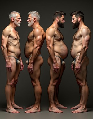 Cuatro hombres desnudos de diferentes edades y características físicas, todos con los penes en erección. El hombre de 60 años tiene una complexión delgada y prácticamente no tiene vello corporal, excepto por un pequeño parche de pelo en el pubis. Su piel es suave y ligeramente arrugada, con una ligera tonalidad pálida. 

El hombre de 50 años es una antítesis, cubierto de un denso vello corporal que cubre su torso, brazos y piernas, dándole un aspecto salvaje y viril. Su vello es grueso y oscuro, y su cuerpo tiene una forma más musculosa que el del hombre de 60 años.

El tercer hombre, de 40 años, también está muy velludo, aunque no tanto como el de 50. Su vello es más fino y se concentra principalmente en el pecho y el abdomen, con un poco menos de densidad en los brazos y piernas. Su cuerpo tiene una forma atlética, con músculos bien definidos.

El cuarto hombre, de 25 años, tiene un cuerpo joven y tonificado, con muy poco vello corporal, similar al hombre de 60 años, pero con una piel más radiante y suave. Su torso y extremidades están casi completamente libres de vello, lo que resalta su juventud y vitalidad.

Todos los hombres están de pie, con sus penes en erección, destacando su masculinidad. La escena es hiperrealista, con detalles de alta calidad que capturan cada textura y curva de sus cuerpos. La iluminación es suave y cálida, resaltando los contornos y sombras de cada figura, creando un ambiente íntimo y sensual.