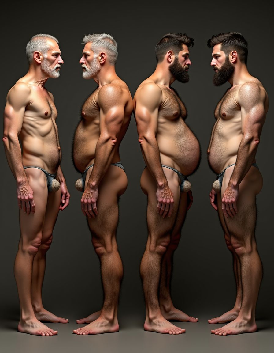 Cuatro hombres desnudos de diferentes edades y características físicas, todos con los penes en erección. El hombre de 60 años tiene una complexión delgada y prácticamente no tiene vello corporal, excepto por un pequeño parche de pelo en el pubis. Su piel es suave y ligeramente arrugada, con una ligera tonalidad pálida. 

El hombre de 50 años es una antítesis, cubierto de un denso vello corporal que cubre su torso, brazos y piernas, dándole un aspecto salvaje y viril. Su vello es grueso y oscuro, y su cuerpo tiene una forma más musculosa que el del hombre de 60 años.

El tercer hombre, de 40 años, también está muy velludo, aunque no tanto como el de 50. Su vello es más fino y se concentra principalmente en el pecho y el abdomen, con un poco menos de densidad en los brazos y piernas. Su cuerpo tiene una forma atlética, con músculos bien definidos.

El cuarto hombre, de 25 años, tiene un cuerpo joven y tonificado, con muy poco vello corporal, similar al hombre de 60 años, pero con una piel más radiante y suave. Su torso y extremidades están casi completamente libres de vello, lo que resalta su juventud y vitalidad.

Todos los hombres están de pie, con sus penes en erección, destacando su masculinidad. La escena es hiperrealista, con detalles de alta calidad que capturan cada textura y curva de sus cuerpos. La iluminación es suave y cálida, resaltando los contornos y sombras de cada figura, creando un ambiente íntimo y sensual.