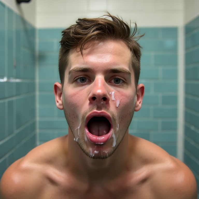 Pov. Jugador de futbol con la cara manchada de semen en un lavabo