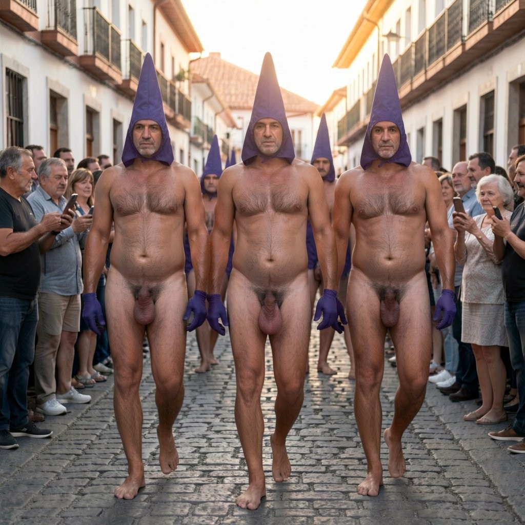 Three extremely muscular penitent men with 6% body fat walking in procession through crowded Spanish cobblestone street at sunset. All three wear tall pointed purple capirote hoods, purple gloves, short purple tunics ending at waist. From waist down completely naked with large cocks hanging prominently down to mid-thigh, balls visible and swaying, incredibly muscular bare thighs and athletic legs, walking barefoot on rough cobblestones. First man has very hairy lower body with thick dark pubic and leg hair, his large cock and balls fully exposed. Second man has smooth skin with massively oversized enormous heavy penis hanging to mid-thigh swinging as he walks, large balls visible. Third man is tallest with defined lean muscles, his long cock hanging to mid-thigh, balls exposed. Crowd of people on both sides watching in awe and shock, some applauding, taking photos and videos with phones, elderly woman blessing herself, golden evening light, Spanish colonial buildings, photorealistic, cinematic dramatic lighting, 8K quality, Holy Week penitent procession