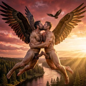 Mike Morris y Alfredo vuelan hacia arriba con fuerza y alegría entre las nubes teñidas de rojo intenso y dorado del atardecer, completamente desnudos y abrazados con pasión. Se besan profundamente, con las bocas abiertas y las lenguas entrelazadas, sus rostros llenos de felicidad absoluta. Sus cuerpos atléticos, musculosos y densamente velludos están pegados pecho contra pecho, sudados y brillantes, mientras cada uno bate con potencia sus dos enormes alas idénticas a las del águila imperial, con plumaje oscuro y reflejos rojizos y dorados que captan la luz de forma espectacular.

Sus penes son ahora completamente naturales y preciosos: de un tamaño realista y armónico con sus cuerpos musculosos, gruesos pero proporcionados, con formas orgánicas perfectas, venas sutiles, glande bien definido y prepucio natural que se mueve ligeramente con el vuelo. Se rozan suavemente entre sus muslos velludos sin ninguna exageración ni deformación. El águila imperial vuela hacia la lejanía en el fondo, convertida en una silueta pequeña y majestuosa contra el cielo. Abajo se ve el río serpenteando entre el bosque de pinos y abetos. La luz roja dramática combinada con god rays dorados los ilumina desde un lateral, creando brillos intensos en la piel, el vello, el sudor y las plumas. Hiperrealista fotográfico de cuerpo entero en movimiento, estilo cinematográfico épico y emocional inspirado en Tom Bianchi y Herb Ritts, anatomía impecable, texturas reales y atmósfera mística, poderosa y llena de pasión.

¿Quieres corregir o mejorar algo concreto? Dime exactamente qué cambiar.