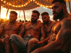 Varios hombres muy musculosos e hipermasculinos hipersexualizados musclebear leather con arneses y gorras de cuero, velludos, con los penes erectos, están subidos en una carroza decorada a modo de tela militar, se tocan en posturas obscenas,  ríen y charlan bajo el intenso calor del verano madrileños con abanicos y botellas de agua. Luz de atardecer. Escena festiva. 