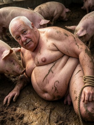 Un hombre mayor desnudo, corpulento y cubierto de barro está sentado en el suelo embarrado de una pocilga, rodeado de varios cerdos rosados que hozan y se mueven a su alrededor. Tiene el pelo blanco, bigote, expresión cansada y mirada directa hacia la cámara, con el torso y el vientre prominente manchados de lodo y restos de tierra. Su piel aparece arrugada y sucia, con pliegues marcados, mientras una cuerda rodea una de sus muñecas, añadiendo una sensación incómoda y degradante a la escena. El entorno es oscuro, rural y húmedo, con tierra pisoteada, barro espeso y animales de granja ocupando el fondo.