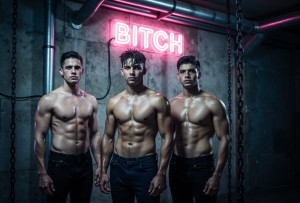 3 hombres de 19 años sin camiseta en una mazmorra industrial, al fondo hay un cartel de neon donde pone "BITCH"