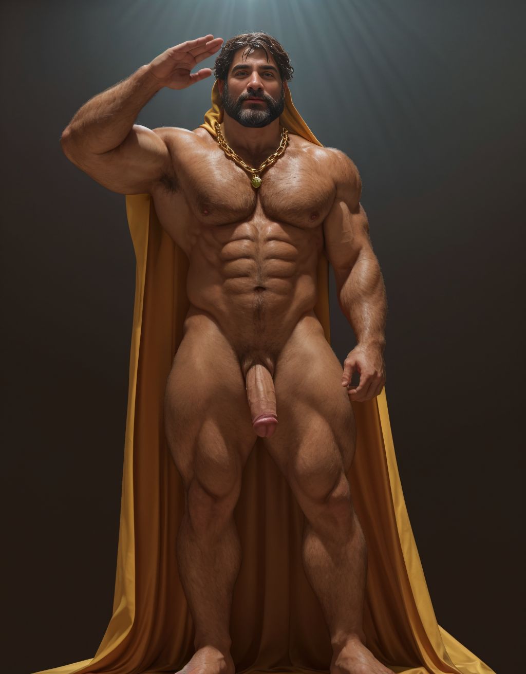 El dios Priapo de Pompeya está desnudo de pie. Es delgado y muy alto. Priapo es dios de la mitología romana. Está en el museo de Nápoles. Tiene un pene grande y erecto. Tiene mucho vello por todo el cuerpo. Tiene sandalias en los pies. Tiene músculos muy definidos. Tiene una corona de laurel. Levanta una mano para saludar al público. El cuerpo está iluminado con focos de luz blanca. Tiene los ojos verdes. Lleva una cadena brillante en los pies. Tiene mucho vello en el pecho moreno. Tiene una capa de oro sobre su espalda. Tiene la boca abierta. Tiene el dedo pulgar de la mano hacia abajo. Está de perfil. Está de lado. Señala con el dedo a su cabeza.