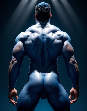 Hombre azul desnudo musculoso azul, tiene pene color azul, tiene testículos color azul. Tiene sandalias azules. Tiene mucho vello. Tiene pelo azul largo ondulado azul. Tiene pezones grandes largos y puntiagudos: 1.9.