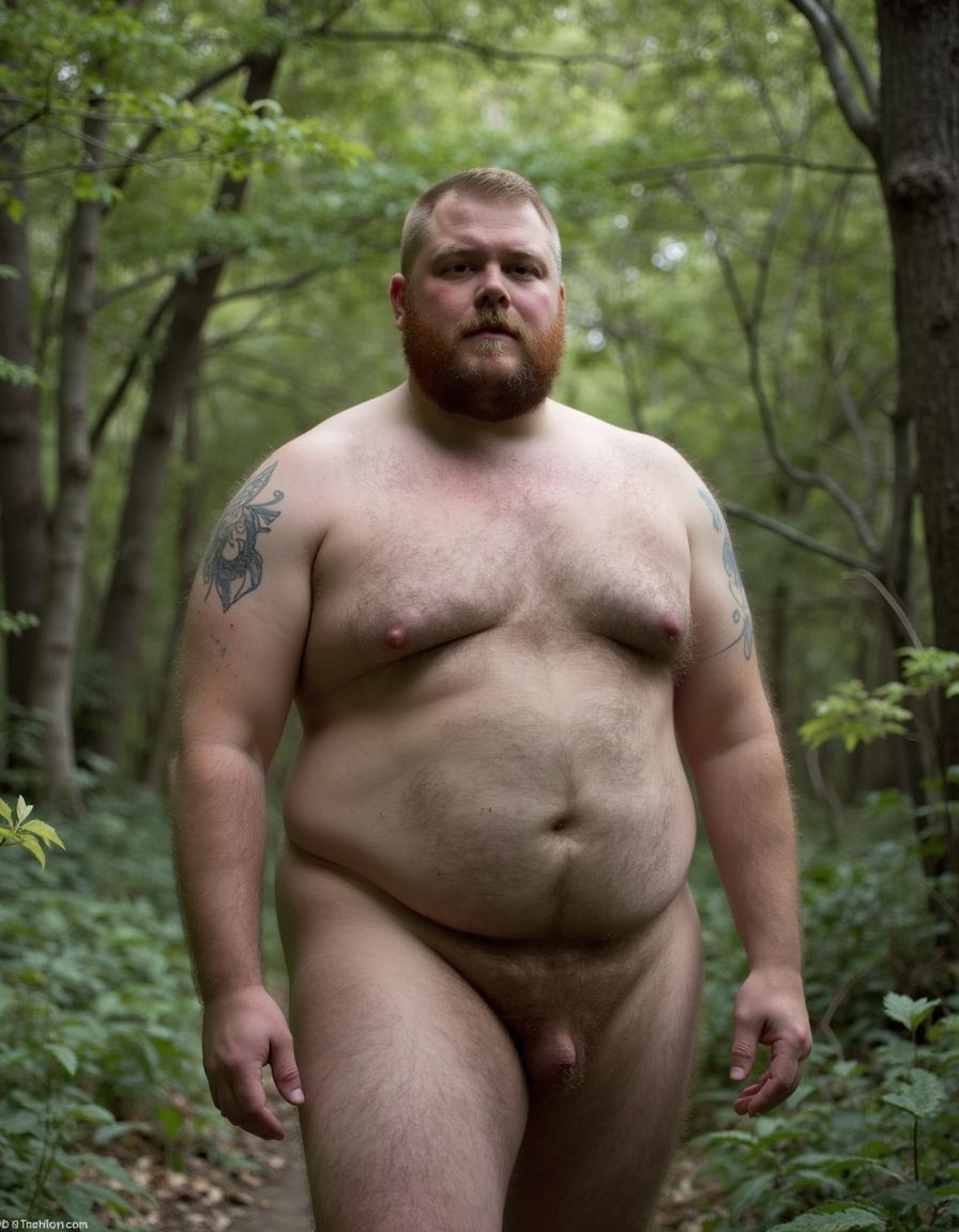A naked chubby man with  body hair, completely naked, standing in the middle of a dense woodland,