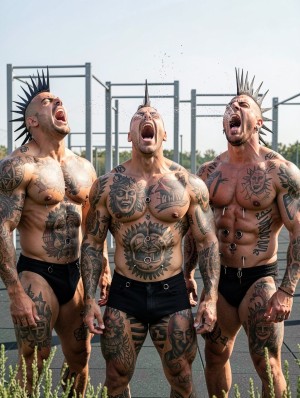 Three muscular and heavily tattooed men pose outdoors in a calisthenics area, shouting with their mouths open and an aggressive and intense attitude, as in an extreme training session or punk aesthetic. They wear stiff spiked mohawks, earrings, and abundant tattoos on their chests, arms, abdomens, and legs, with motifs of skulls, faces, animals, and dark symbols. They wear black brief-style or jockstrap-style underwear, leaving their torsos, thighs, and several body piercings exposed, including metal rings on the chest and abdomen of the man on the right. In the background appear exercise bars, sports flooring, tall grass, and a clear sky, reinforcing an atmosphere of strength, rebellion, bodybuilding, body modification, and underground aesthetic.