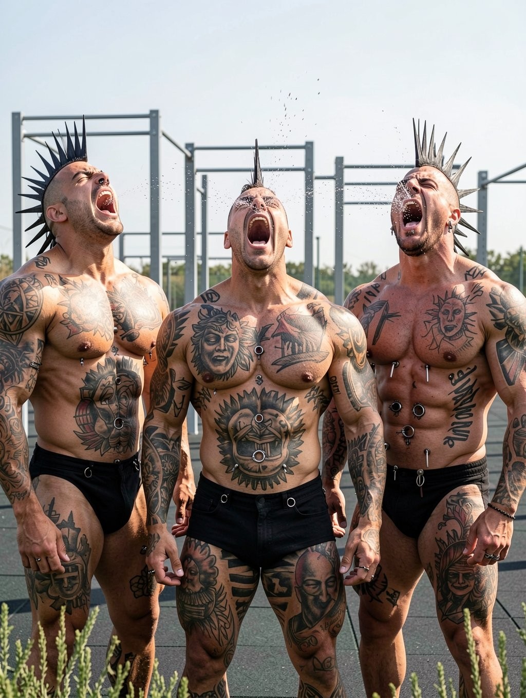 Three muscular and heavily tattooed men pose outdoors in a calisthenics area, shouting with their mouths open and an aggressive and intense attitude, as in an extreme training session or punk aesthetic. They wear stiff spiked mohawks, earrings, and abundant tattoos on their chests, arms, abdomens, and legs, with motifs of skulls, faces, animals, and dark symbols. They wear black brief-style or jockstrap-style underwear, leaving their torsos, thighs, and several body piercings exposed, including metal rings on the chest and abdomen of the man on the right. In the background appear exercise bars, sports flooring, tall grass, and a clear sky, reinforcing an atmosphere of strength, rebellion, bodybuilding, body modification, and underground aesthetic.