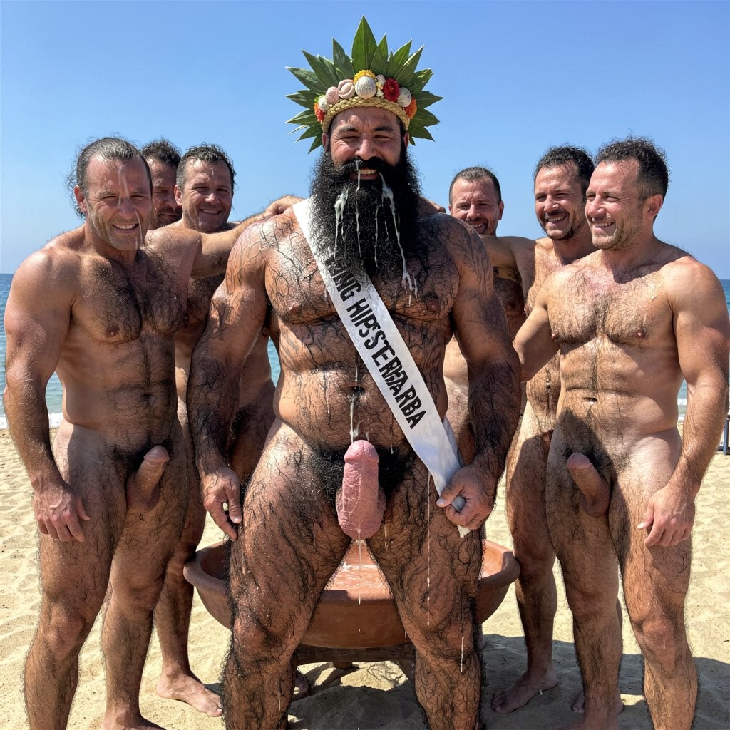 A hyperrealistic, ultra-detailed cinematic photograph taken at high noon on the nudist beach of El Playazo in Vera Playa, Almería, with intense golden sunlight creating dramatic highlights on every swollen muscle, thick black body hair and sticky cum. Hipsterbarba stands in the exact center of the circle as the undisputed king, towering over everyone. His body is the most massive and muscular of all: exaggerated superhuman proportions with gigantic striated pectorals covered in extremely dense black pelt, a deeply carved ten-pack abs, enormous shoulders and traps, arms thicker than most men's thighs with extreme vascularity, and powerful tree-trunk legs. His entire body is covered in an insanely thick layer of black body hair across chest, shoulders, back, abs and legs. His legendary Bandholz beard is extremely long, hanging heavy past his navel, still matted and dripping with thick white cum. On his head he wears a crown made of braided palm leaves, seashells and wild flowers. A white sash crosses his massive chest from the right shoulder to the left hip with big bold letters that read “REY HIPSTERBARBA”. His massive erect cock throbs hard between his legs, thick, veiny and leaking. All the other transformed superhuman muscle bears stand around him in a tight circle, completely naked, slightly smaller than him but still extremely muscular and hyper-hairy, with tense swollen bodies, dense black body hair and fully erect cocks. They are smiling drunk and happy, looking at him with admiration and lust, some of them touching his chest and arms. Every muscle on every man is visibly tense and still growing slightly. Sweat, cum and sunlight make their fur glisten intensely. The large clay bowl sits on the table behind them. The chiringuito El Pirata and the sea are visible in the background under a clear blue sky. Extreme photorealism on the exaggerated muscle sizes, hyper-dense body hair texture, the crown and sash, victorious drunken royal expression on Hipsterbarba, and the raw public scene of a group of massive naked superhuman muscle bears crowning and worshipping their new hairy muscle king.