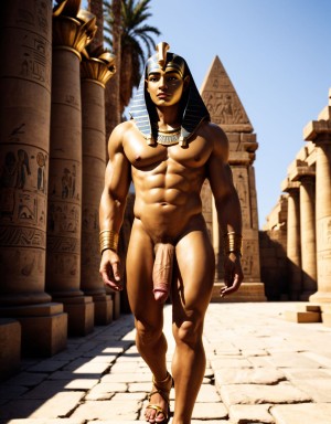 Faraón Ramsés 2 desnudo, pene grande perfecto, testículos prominentes, vello corporal abundante, junto a Ptah y Amón-Re desnudos, con Re-Horakhty con pene grande y testículos peludos, vello en pecho, sandalias, caminando por calle empedrada, en un ambiente antiguo egipcio con pirámides, templos y esfinges bajo sol dorado. Se ven los testículos con mucho vello. El pene es perfecto. La cara es perfecta y muy viril. Tiene cara viril. Tiene el cuerpo perfecto y muy viril. Sus testículos sobresalen por debajo del pene y se mueven al andar 