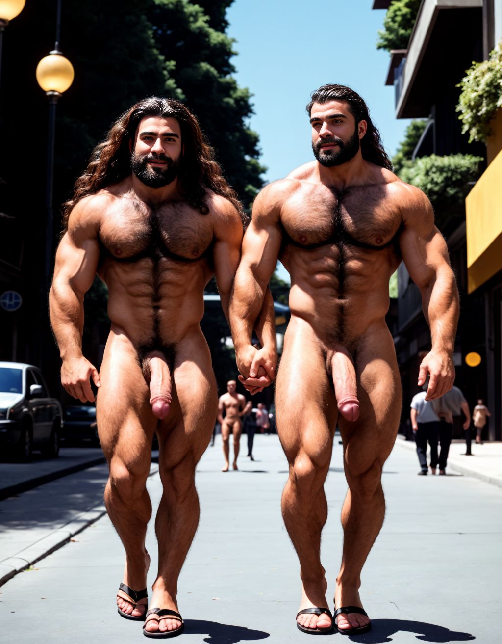 Dos hombres jóvenes desnudos musculosos y fibrosos. Tiene pene grande. Están andando por la calle. Tienen sandalias en los pies. El pene y los testículos se mueven al aire al andar. El enorme pene se dobla hacia el lado al ritmo del andar. Los testículos botan contra los muslos al andar moviéndose hacia afuera. Las manos tocan y acarician su propio pene. Tienen mucho pelo vello en el pecho. Tienen los pelos muy rizados y largos. El pelo es vaporoso y se mueve con el aire hacia adelante.