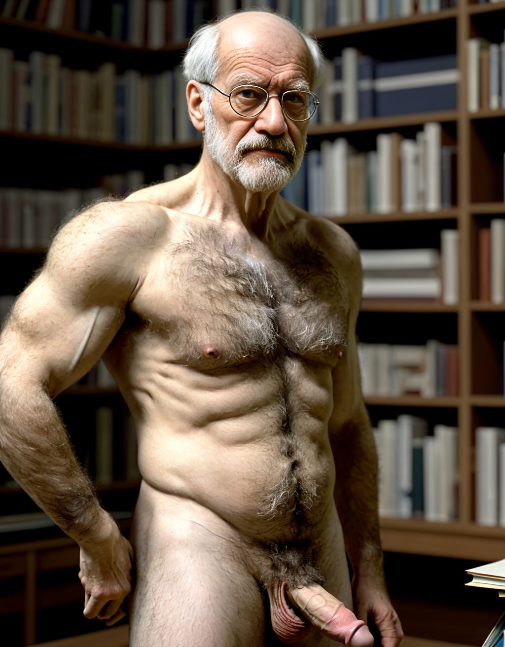 brazos velludos. Está de pie. Está totalmente desnudo musculoso. Tiene pene grande erecto. Tiene testículos grandes. Tiene mucho vello y pelo. Foto muy realista texturas 8k. Está rodeado de libros de psicología tobogán laboratorio. Rodeado de dos hombres desnudos velludos. Hay un ambiente de psicología cercanía personal, compresión. Freud era un médico austríaco especializado en neurología. Es el padre del psicoanálisis y se le considera una de las figuras intelectuales más importantes del siglo XX.