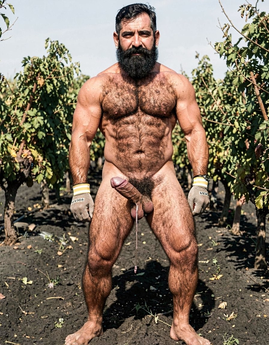A hyper-realistic full-body vertical photograph taken in harsh midday Santorini sunlight over black volcanic soil between rows of Assyrtiko vines. Dimitris, 32, stands completely naked except for grey work gloves with yellow and white stripes, feet planted wide apart on the dark earth, toes gripping the soil. Shot from a low frontal angle so every inch from his big dirty feet to the top of his head is visible without cropping. His body is at 5% body fat, extremely muscular competition physique: huge veiny traps and shoulders, massive hairy pecs, eight-pack abs partially covered by dense black curly body hair that runs from his neck all the way down to his toes. Extremely thick black pubic bush, massive thick veiny Greek cock rock-hard and pointing upward almost touching his abs, swollen purple glans shiny with precum, a long clear drop hanging from the slit. Heavy low-hanging hairy balls. Thick black hair covers his powerful thighs, calves and feet. His face is pure predator: long thick connected black beard and mustache, short jet-black hair with shaved sides, dark intense eyes looking straight at the viewer, small silver earring in left ear. Skin deeply tanned and covered in sweat that makes the dense body hair glisten. Every muscle, every strand of wet black hair, every vein is razor sharp under the direct Mediterranean sun. Maximum photorealistic detail, vertical composition showing the entire body head to toe with no cropping.