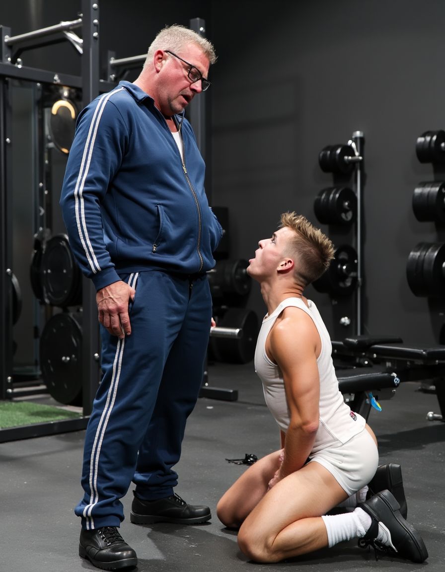 un profesor de gimnasia de mediana edad, con un poco de sobrepeso, viste un chandal mientras está en el gimnasio. Un joven atleta, con ropa deportiva blanca, se encuentra en una posición de sumisión, arrodillado frente al profesor. La escena se desarrolla en un entorno de entrenamiento, con equipo de gimnasio alrededor. El profesor tiene una postura dominante, mientras el joven atleta muestra una expresión de sumisión. La iluminación del gimnasio resalta los detalles de la escena, con sombras que acentúan la tensión del momento. La imagen debe ser hiperrealista, con detalles de alta calidad que capturan la textura de la ropa y la complejidad de las emociones en los rostros de los personajes.
